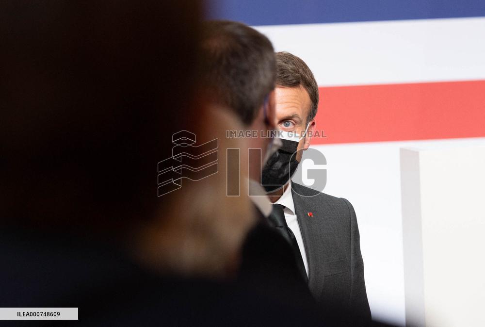 Emmanuel Macron attends the launching of the French CSIS