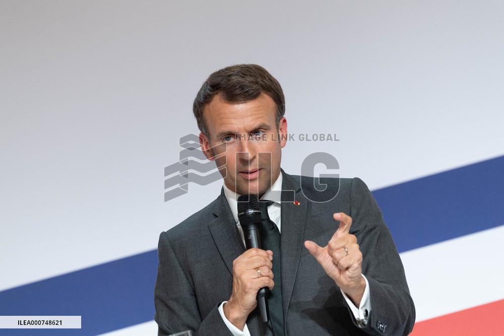 Emmanuel Macron attends the launching of the French CSIS