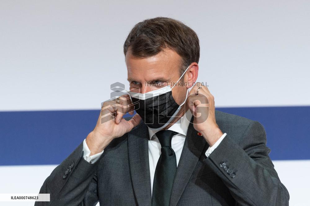 Emmanuel Macron attends the launching of the French CSIS