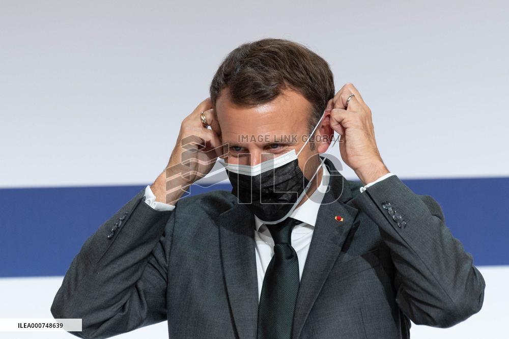 Emmanuel Macron attends the launching of the French CSIS