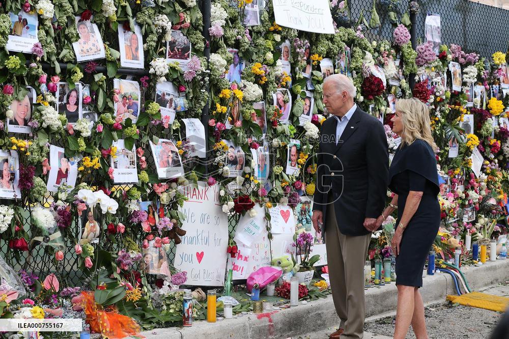 President Biden Stops At Surfside Photo Memorial - Florida