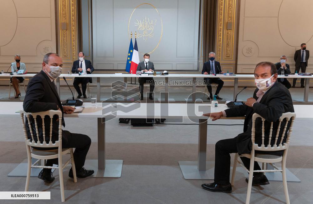Emmanuel Macron Meets With Unions - Paris
