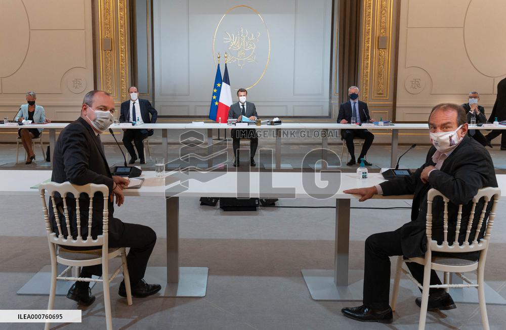 Emmanuel Macron Meets With Unions - Paris