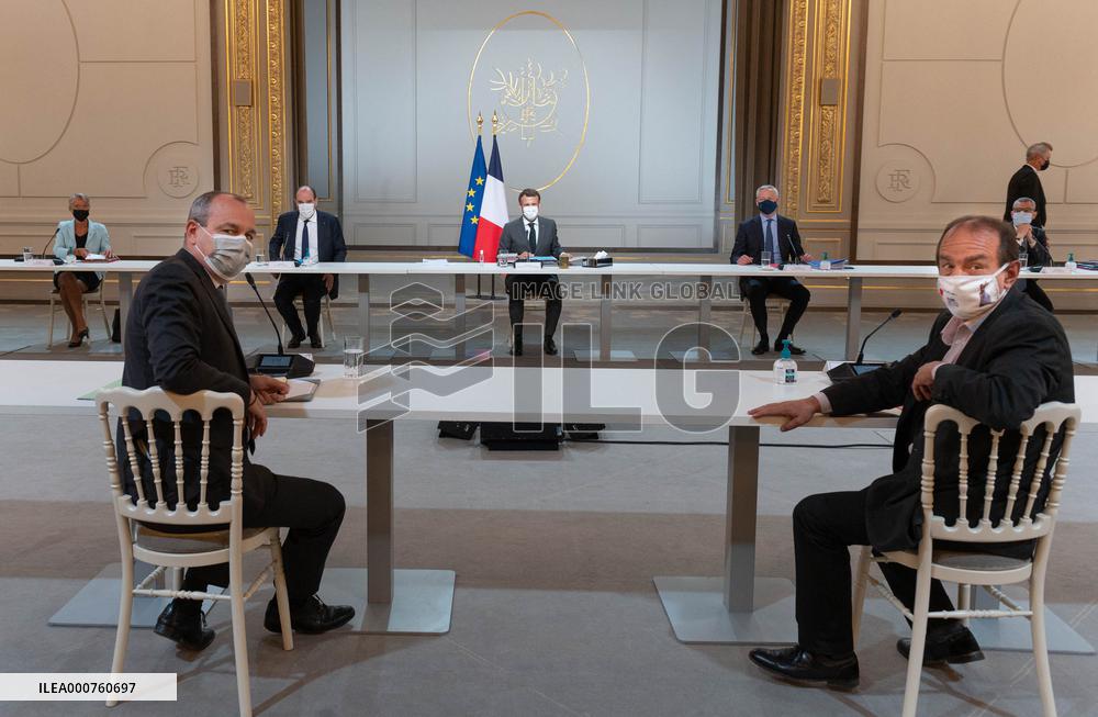 Emmanuel Macron Meets With Unions - Paris