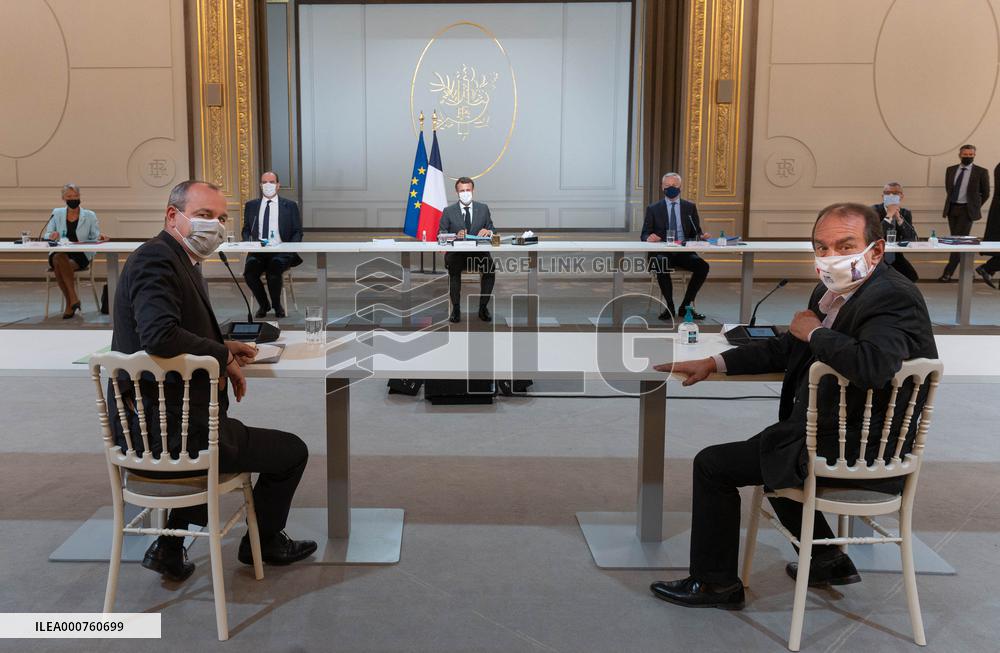 Emmanuel Macron Meets With Unions - Paris