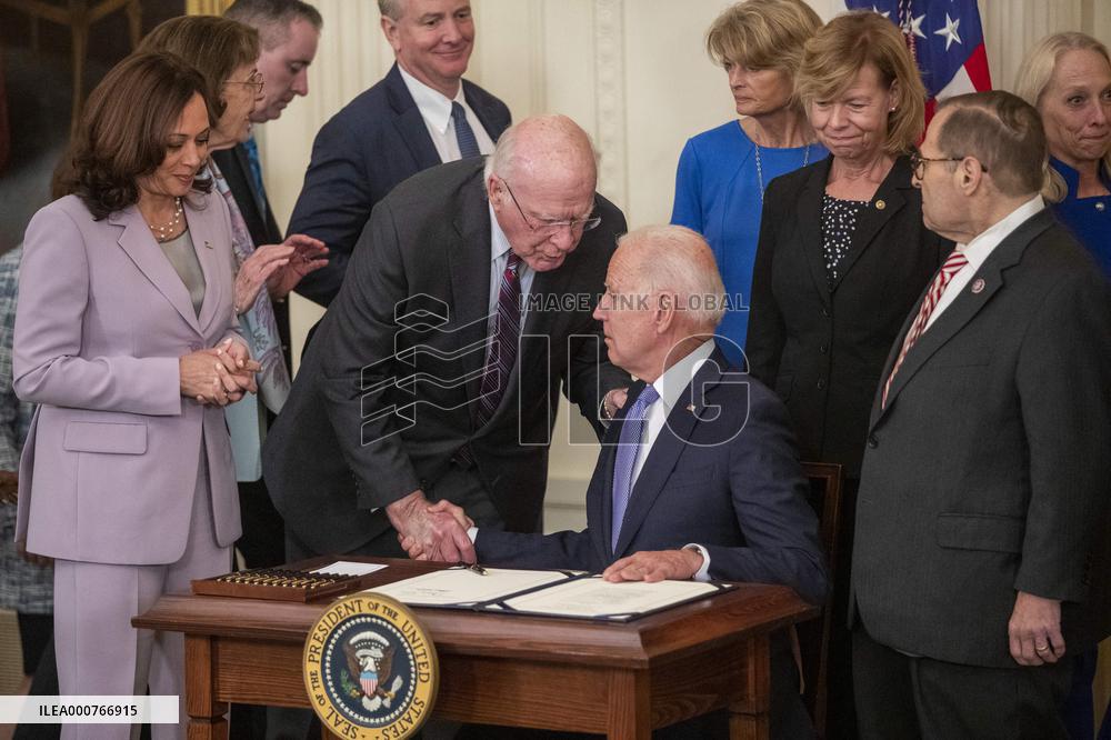 US President Joe Biden participates in a bill signing ceremony for the Crime Victims Fund Act of 2021