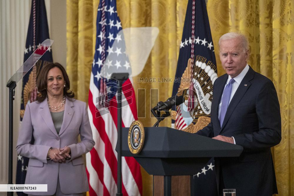 US President Joe Biden participates in a bill signing ceremony for the Crime Victims Fund Act of 2021