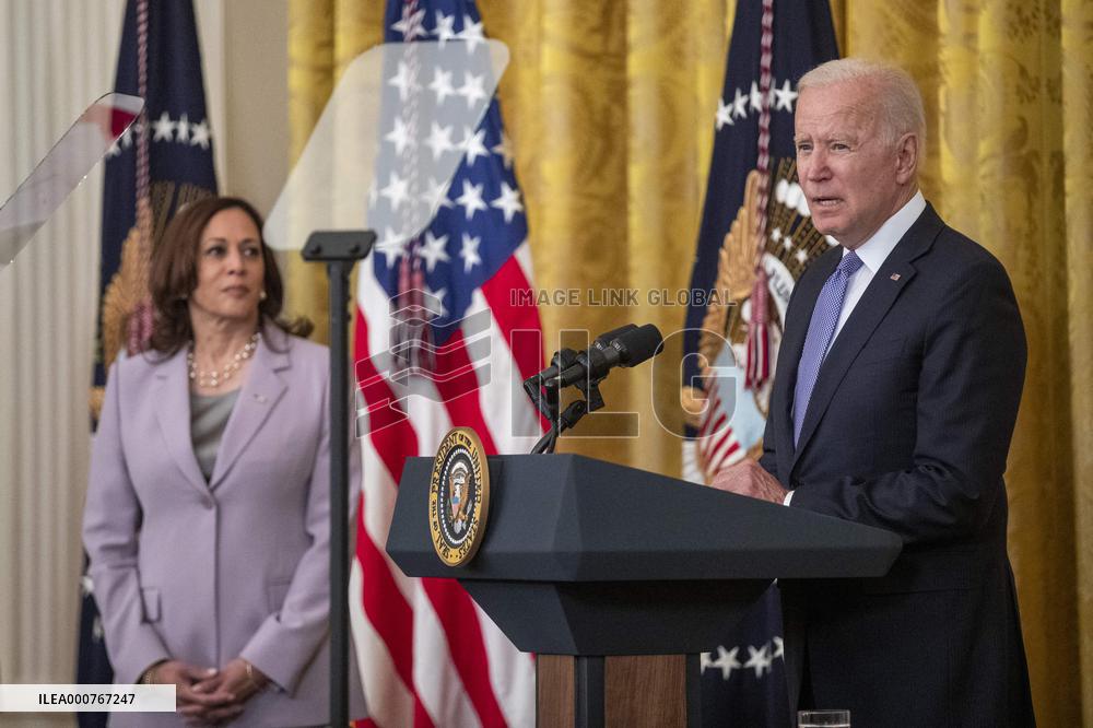 US President Joe Biden participates in a bill signing ceremony for the Crime Victims Fund Act of 2021