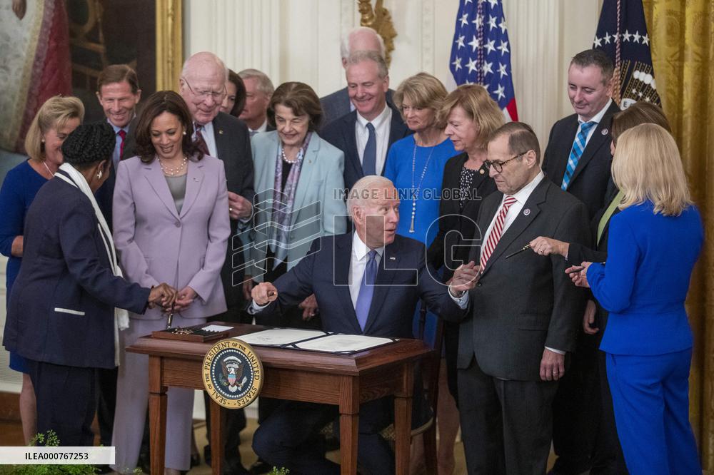 US President Joe Biden participates in a bill signing ceremony for the Crime Victims Fund Act of 2021