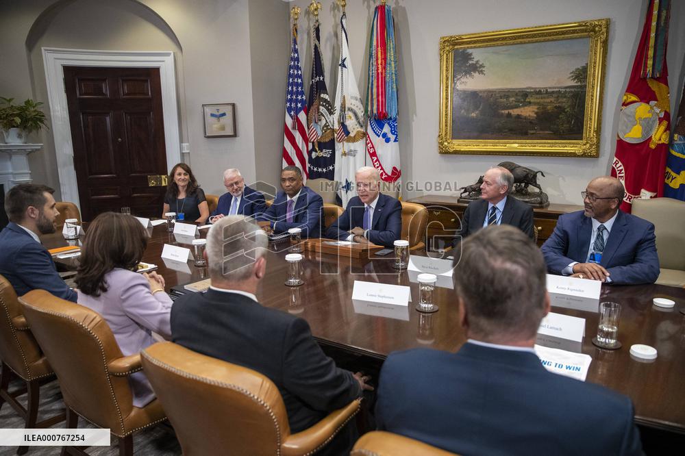 US President Joe Biden meets with union and business leaders to discuss the Bipartisan Infrastructure Framework