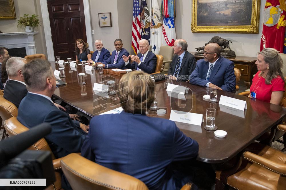 US President Joe Biden meets with union and business leaders to discuss the Bipartisan Infrastructure Framework