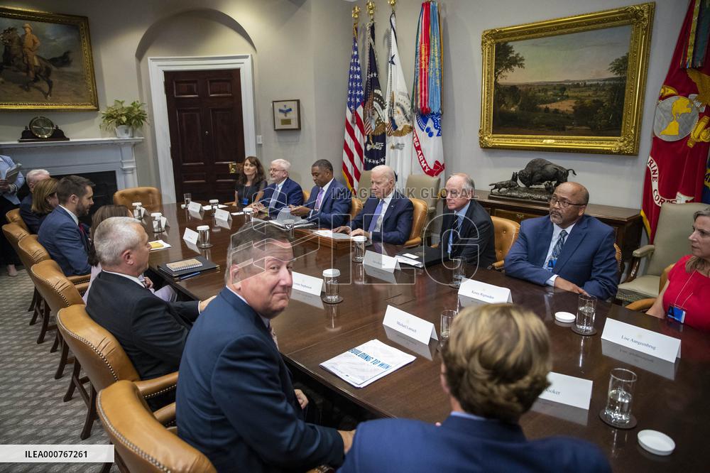 US President Joe Biden meets with union and business leaders to discuss the Bipartisan Infrastructure Framework