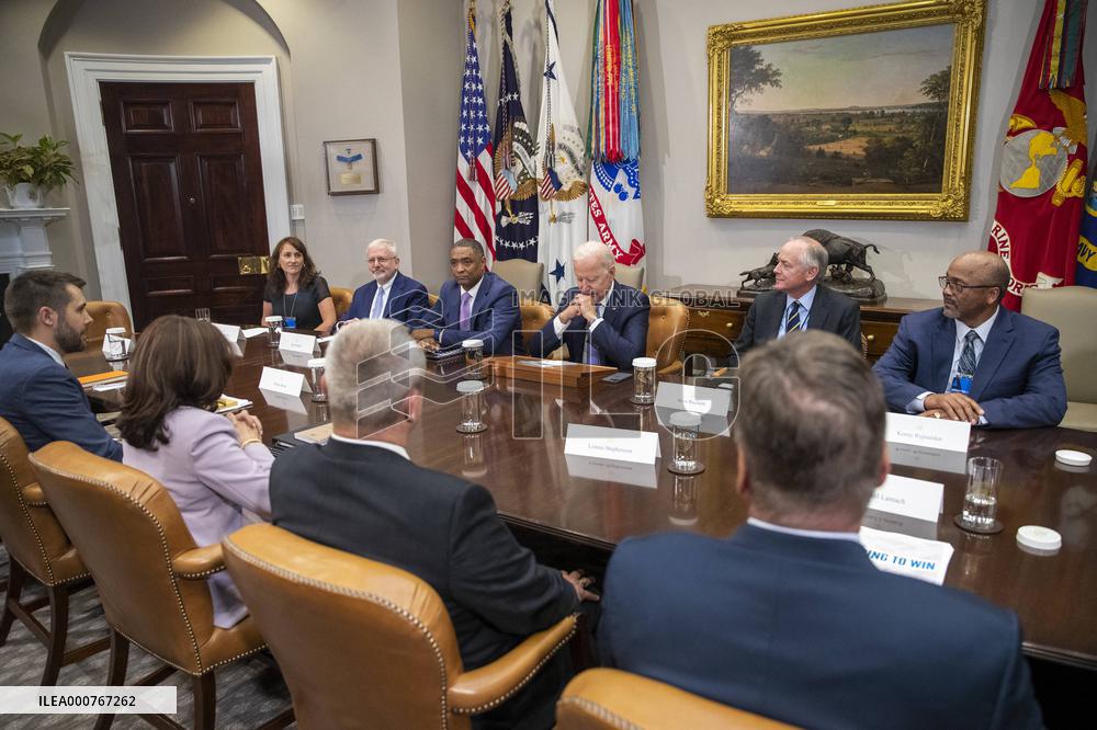 US President Joe Biden meets with union and business leaders to discuss the Bipartisan Infrastructure Framework