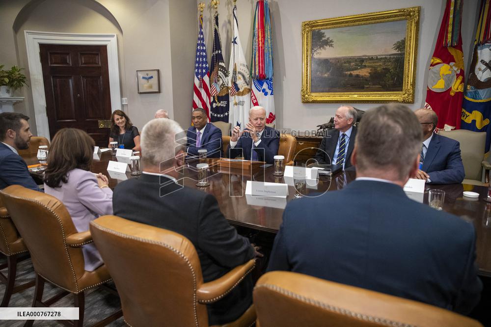 US President Joe Biden meets with union and business leaders to discuss the Bipartisan Infrastructure Framework