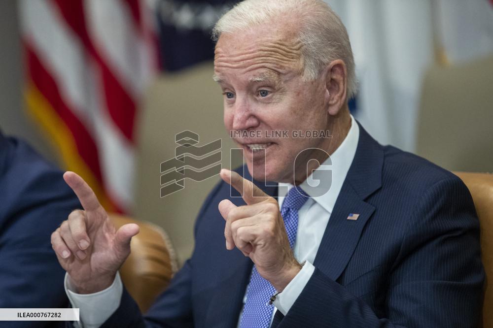 US President Joe Biden meets with union and business leaders to discuss the Bipartisan Infrastructure Framework