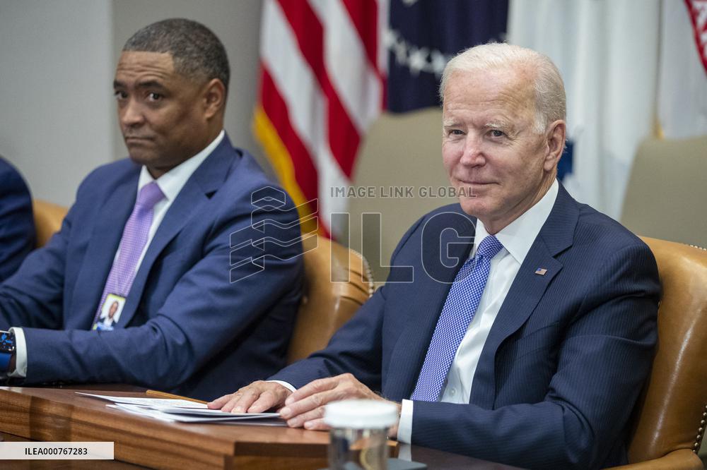 US President Joe Biden meets with union and business leaders to discuss the Bipartisan Infrastructure Framework
