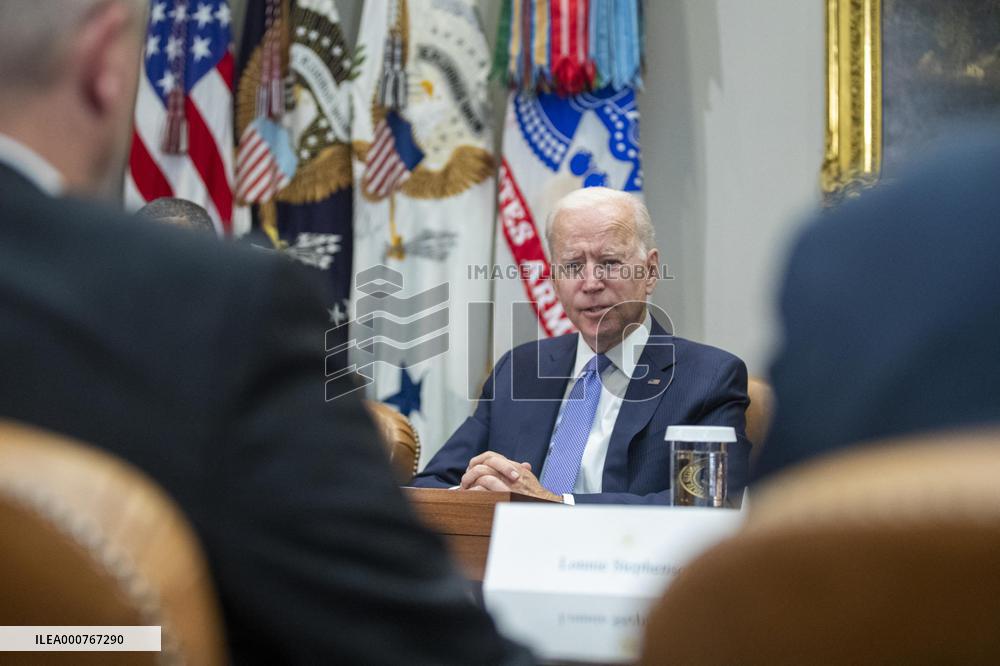 US President Joe Biden meets with union and business leaders to discuss the Bipartisan Infrastructure Framework