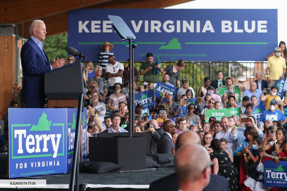 President Joe Biden participates in a campaign event for Virginia gubernatorial candidate Terry McAuliffe