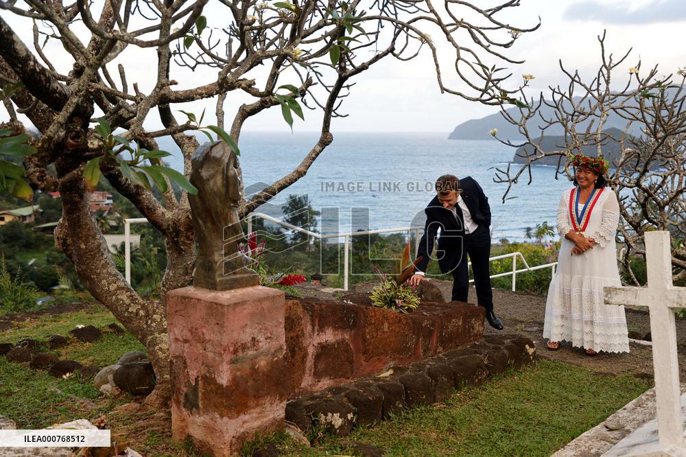 President Macron Pays His Respects At The Grave Of Paul Gauguin - Marquesas Islands