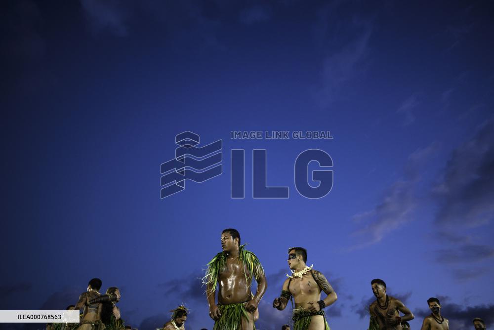 Traditional dance at welcome ceremony for President Macron in Hiva Oa