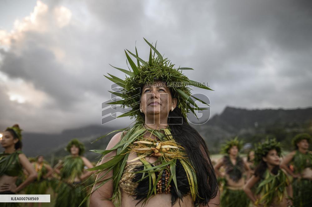 Traditional dance at welcome ceremony for President Macron in Hiva Oa