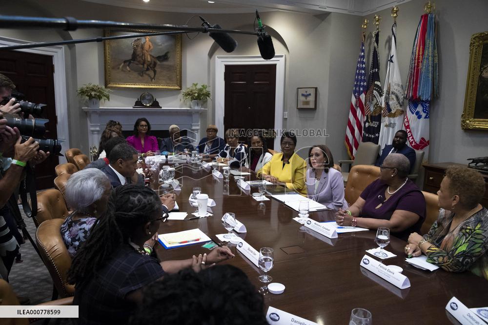 US Vice President Kamala Harris attends a roundtable meeting on voting rights
