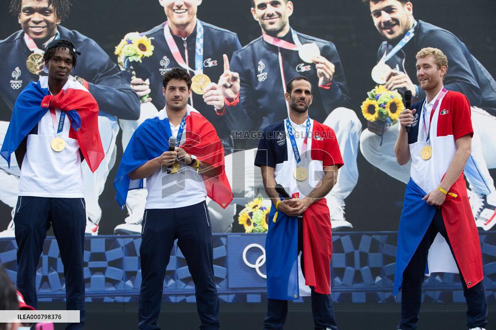 France gold medalists foil fencing team at the fan zone of the Trocadero - Paris