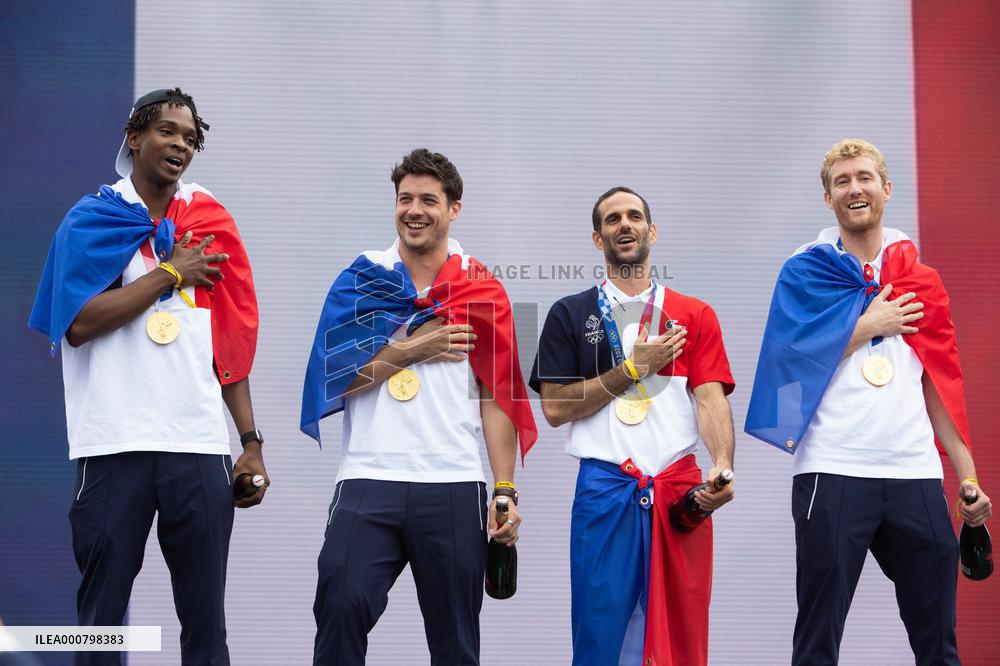 France gold medalists foil fencing team at the fan zone of the Trocadero - Paris