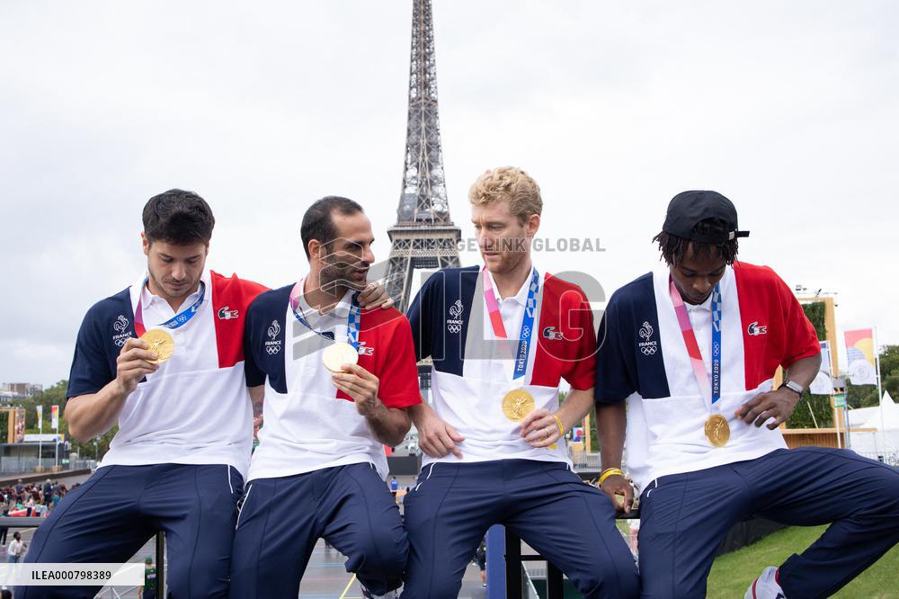 France gold medalists foil fencing team at the fan zone of the Trocadero - Paris