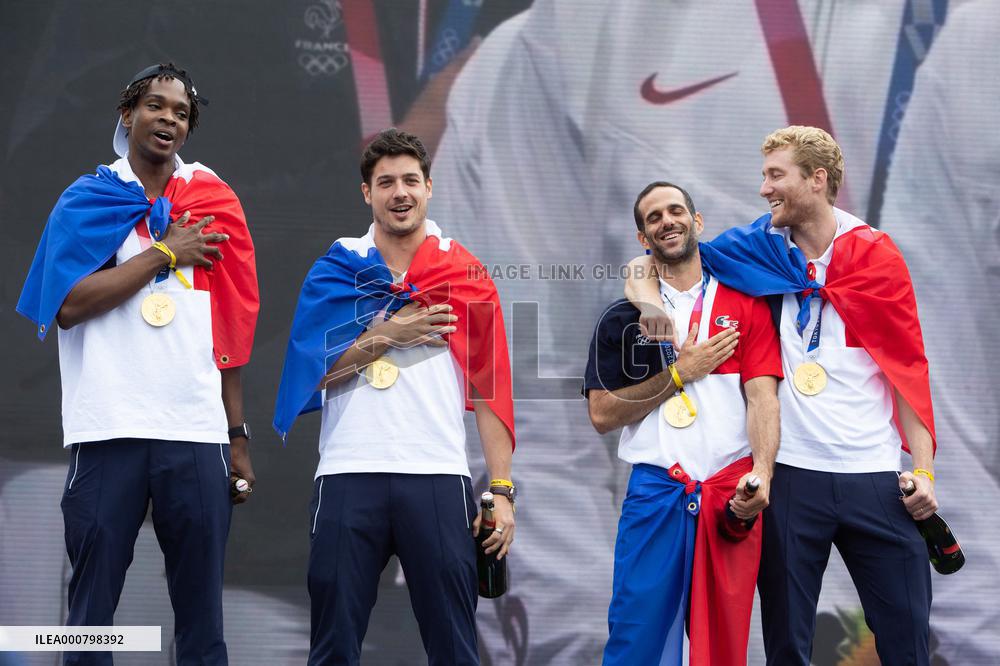 France gold medalists foil fencing team at the fan zone of the Trocadero - Paris