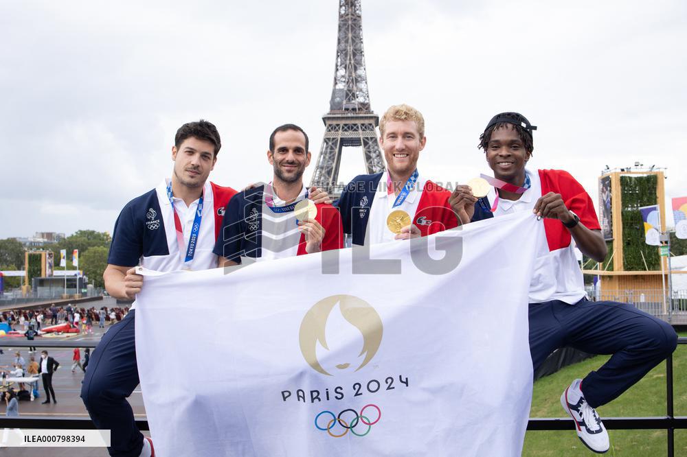 France gold medalists foil fencing team at the fan zone of the Trocadero - Paris
