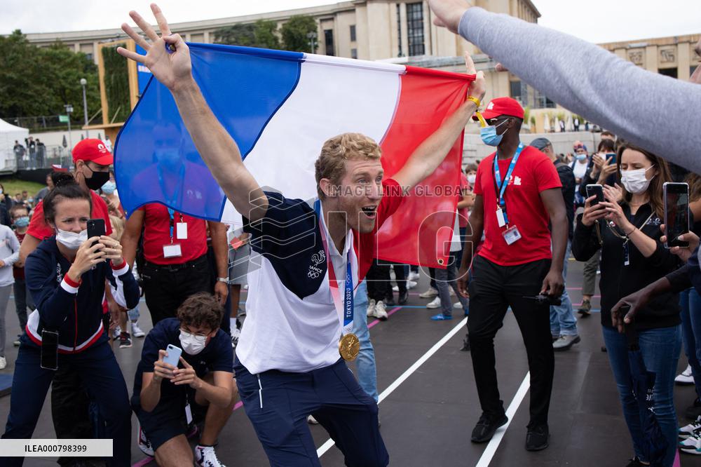 France gold medalists foil fencing team at the fan zone of the Trocadero - Paris