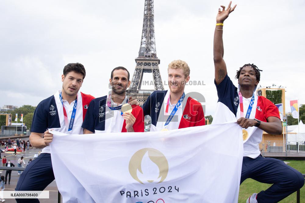 France gold medalists foil fencing team at the fan zone of the Trocadero - Paris