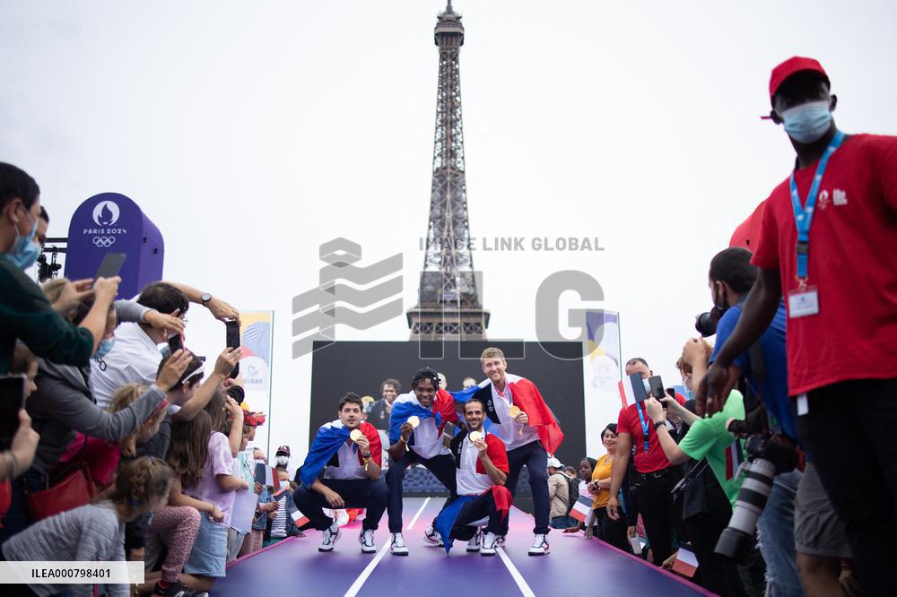 France gold medalists foil fencing team at the fan zone of the Trocadero - Paris