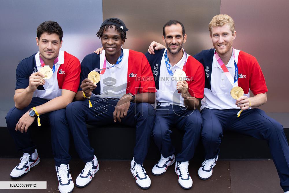 France gold medalists foil fencing team at the fan zone of the Trocadero - Paris