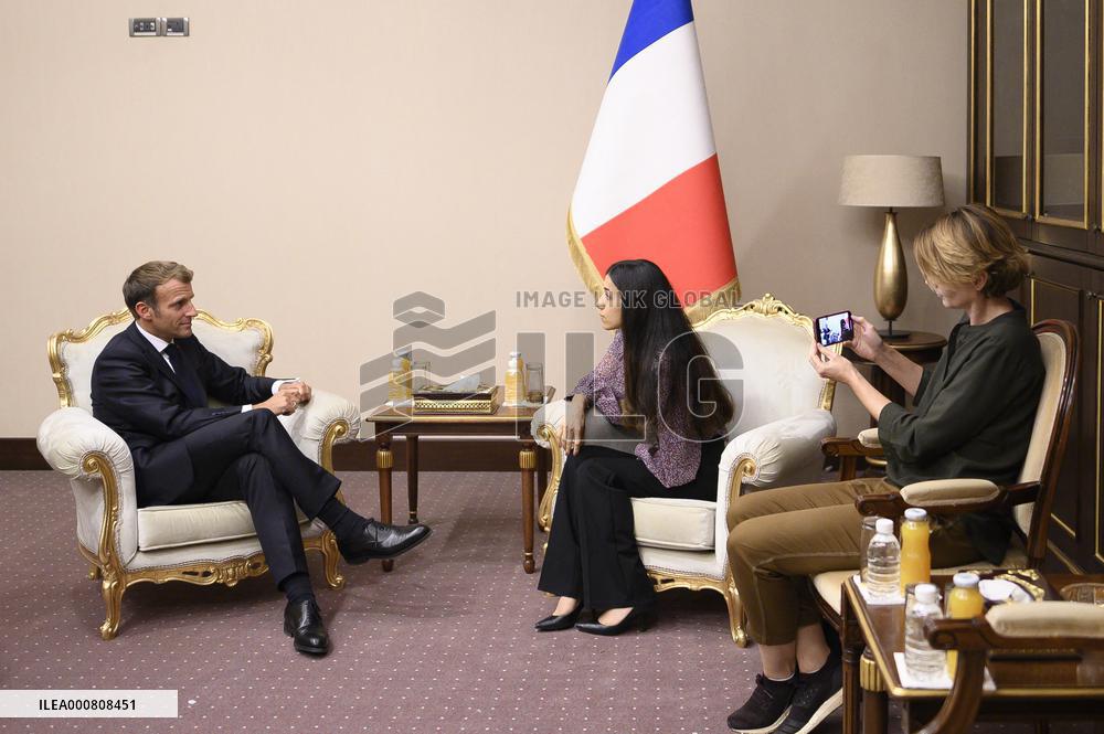 French President Emmanuel Macron and Nadia Murad at Guest house - Bagdad