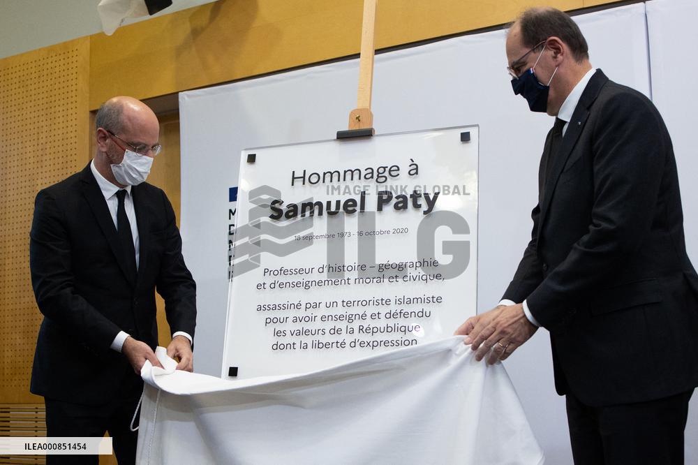 Unveiling of a memorial plaque at the Education ministry in tribute to Samuel Paty - Paris