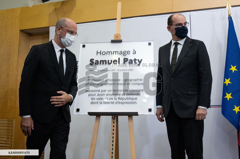 Unveiling of a memorial plaque at the Education ministry in tribute to Samuel Paty - Paris