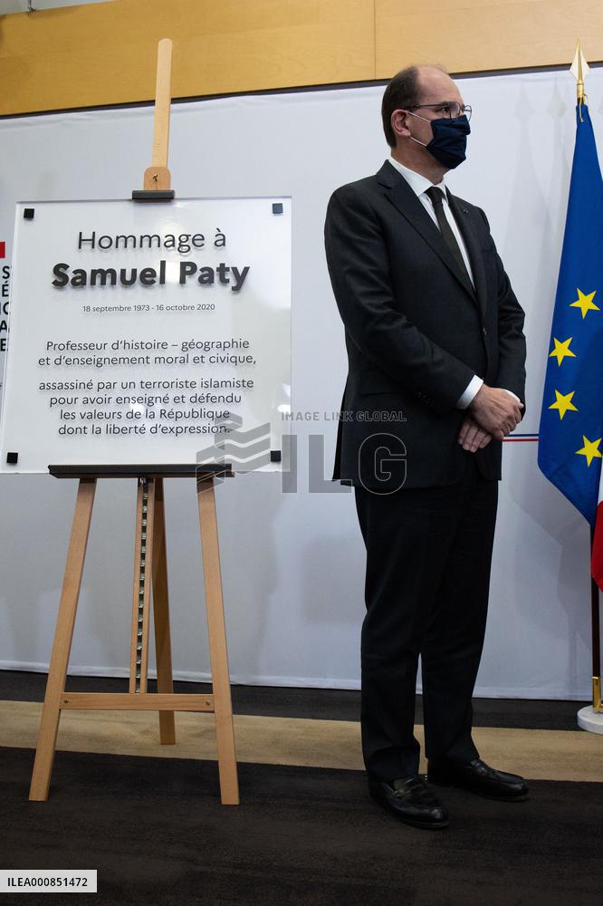 Unveiling of a memorial plaque at the Education ministry in tribute to Samuel Paty - Paris