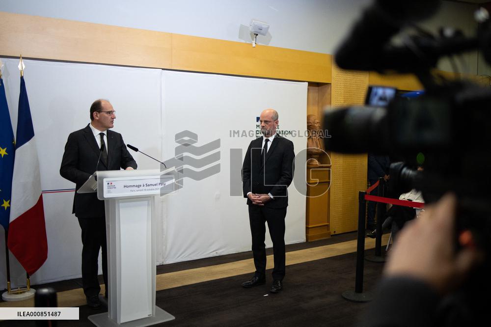 Unveiling of a memorial plaque at the Education ministry in tribute to Samuel Paty - Paris