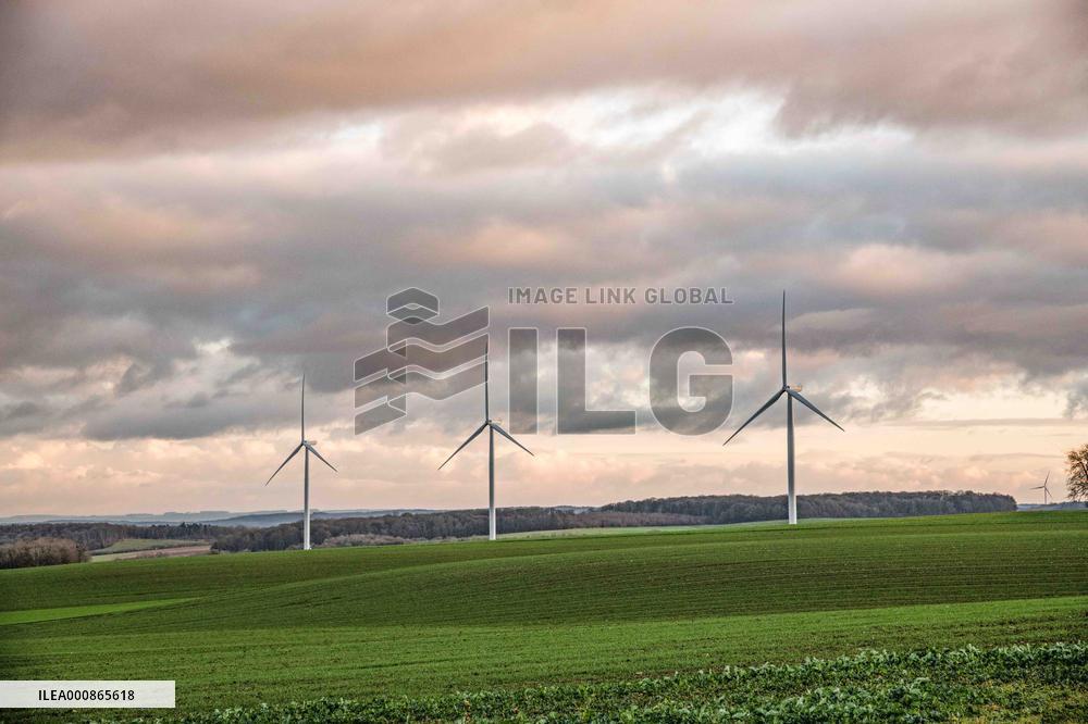 Wind turbines (Eoliennes) park in Esley, east of France