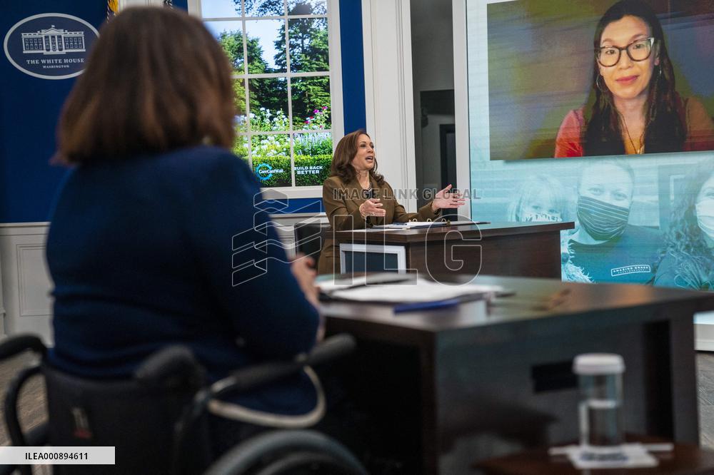 Vice President Kamala Harris holds a virtual town hall meeting on the care provisions of the Build Back Better Agenda