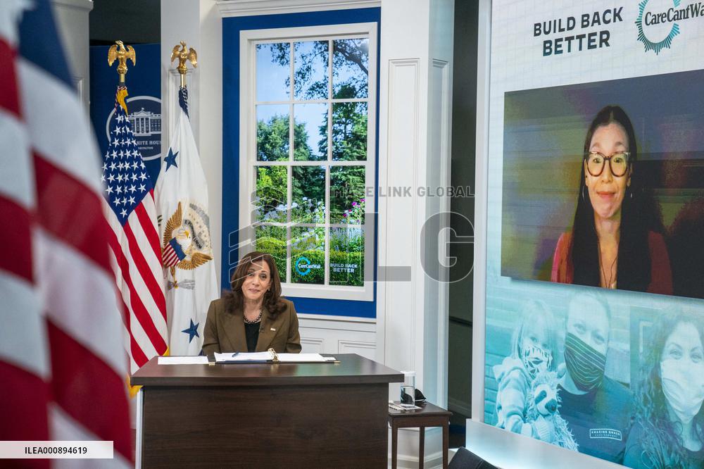 Vice President Kamala Harris holds a virtual town hall meeting on the care provisions of the Build Back Better Agenda