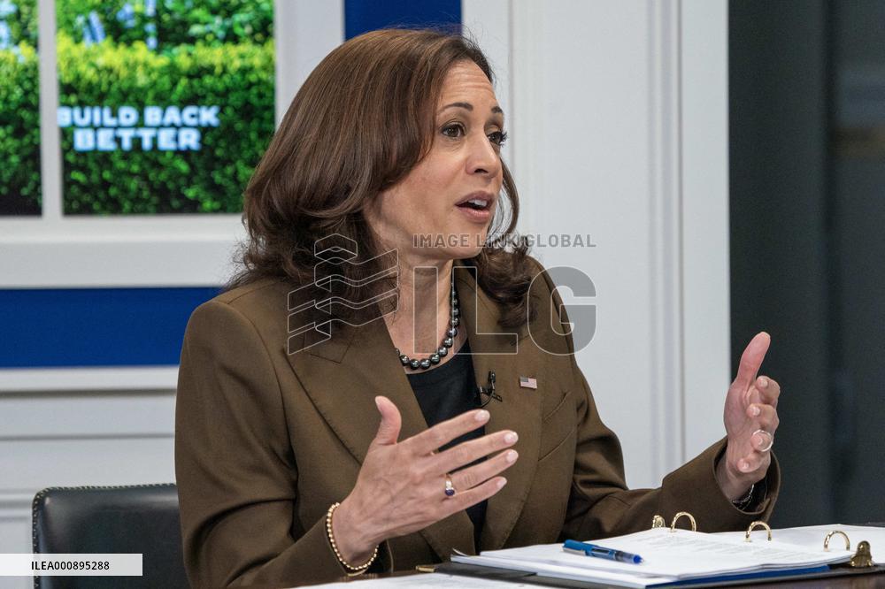 Vice President Kamala Harris holds a virtual town hall meeting on the care provisions of the Build Back Better Agenda