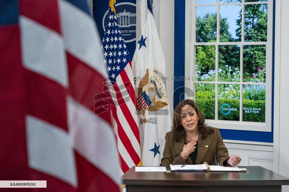 Vice President Kamala Harris holds a virtual town hall meeting on the care provisions of the Build Back Better Agenda