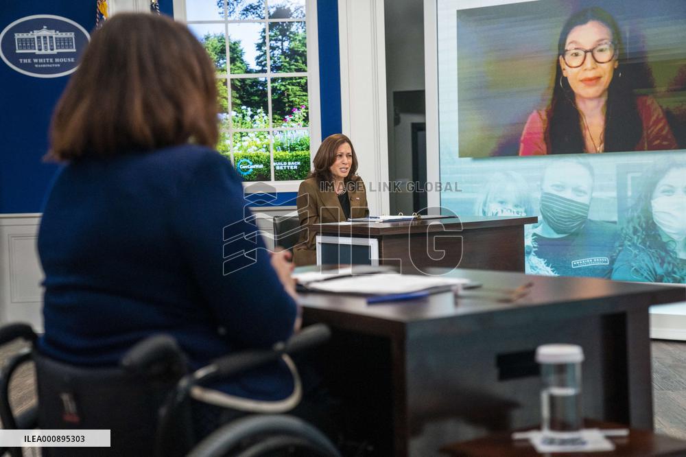 Vice President Kamala Harris holds a virtual town hall meeting on the care provisions of the Build Back Better Agenda