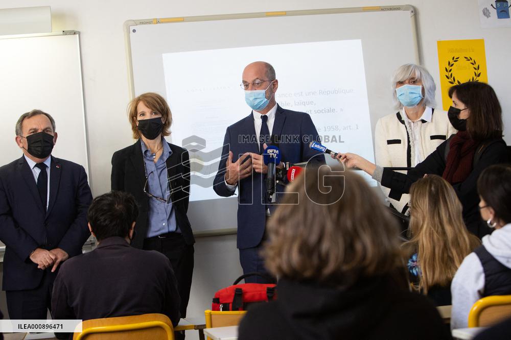 Jean-Michel Blanquer visits a high school on the eve of the national hommage for Samuel Paty - Paris