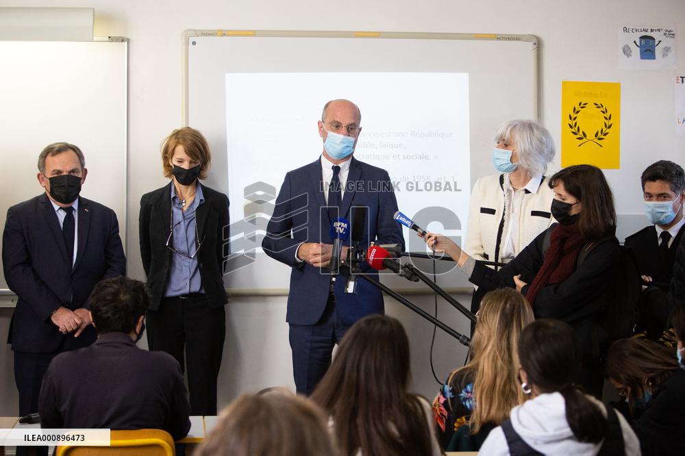 Jean-Michel Blanquer visits a high school on the eve of the national hommage for Samuel Paty - Paris