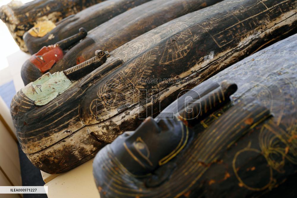 EGYPT-SAQQARA-ARCHAEOLOGY-MUMMY COFFINS-BRONZE STATUES