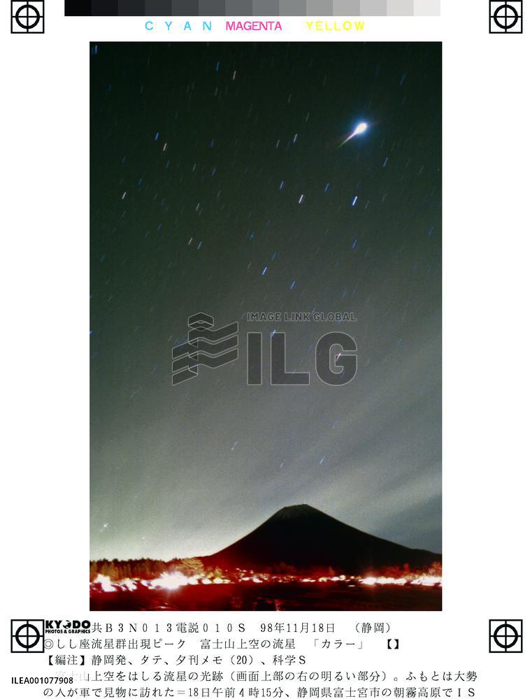Shooting stars of Leonid meteors seen at Mt. Fuji